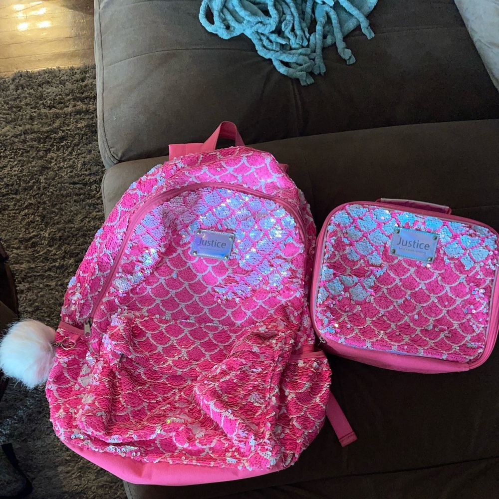 Pink sequins justice backpack and lunchbox